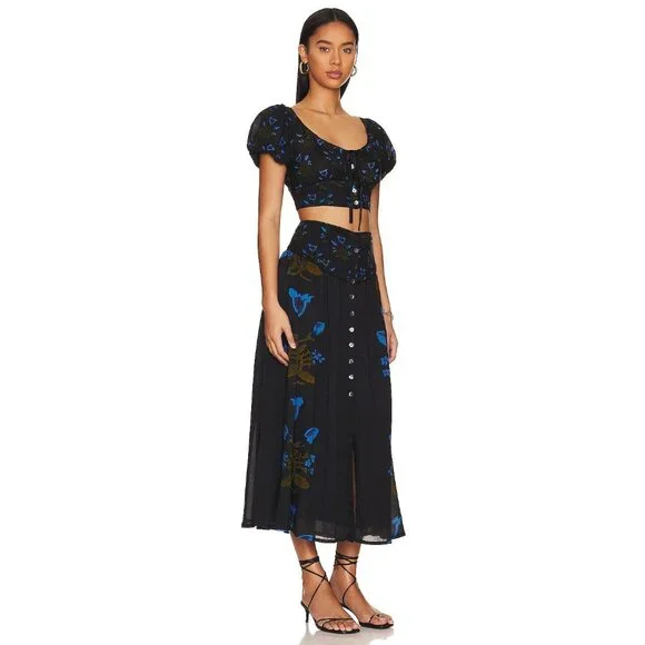 Free People Easy To Love Set in Black Combo Top Skirt Floral - Picture 2 of 4